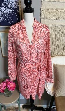 Michael Kors Coral Zebra Print Wrap Dress XL Long Sleeve Faux Wrap Animal Print